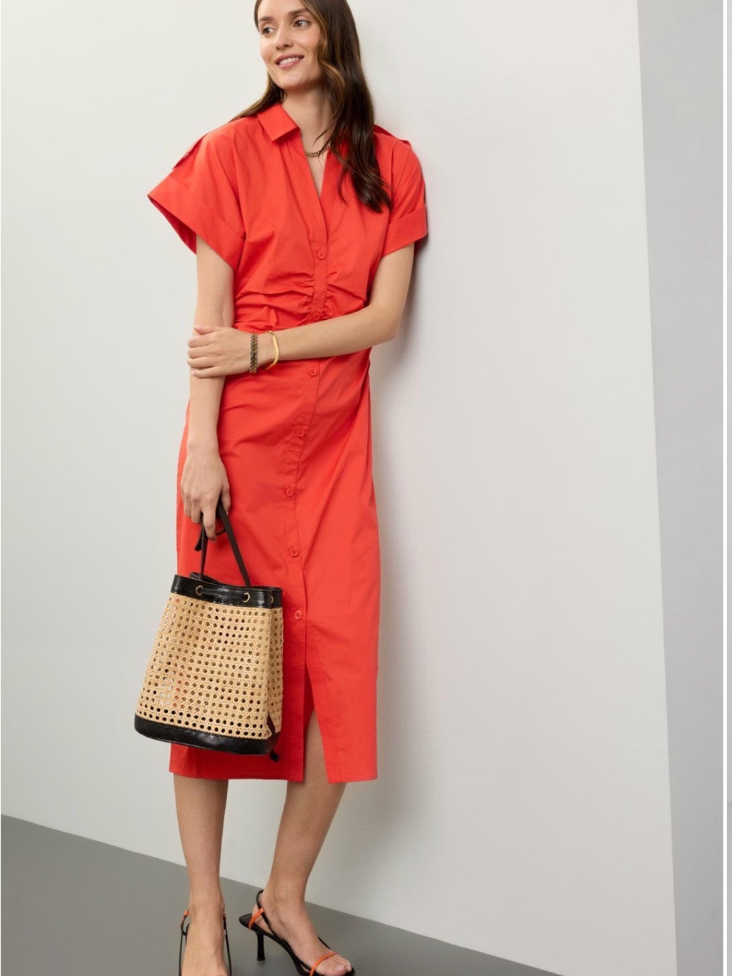 Women’s Red Button-Front Midi Shirtdress With Ruched Waist